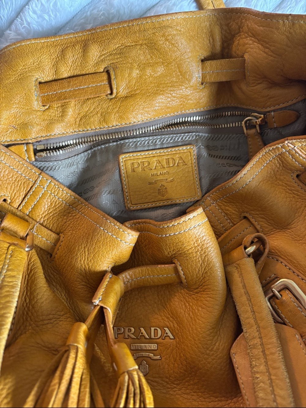 Prada Yellow-Tan Leather Drawstring Shoulder Bag - Picture 9 of 16
